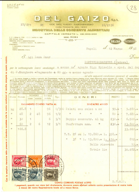 1958 NAPOLI Industria DEL GAIZO Conserve alimentari *Fattura intestata