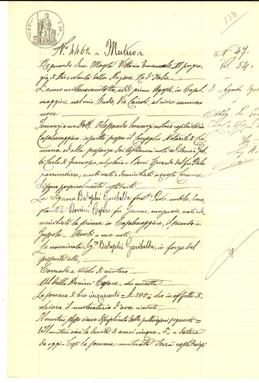 1908 CASALMAGGIORE Contratto mutuo tra Garibalda BEDUSCHI e Cesare DONINI