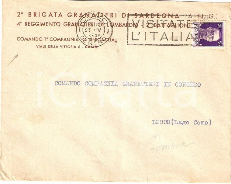 1937 COMO 2° Brigata GRANATIERI SARDEGNA Compagnia SINIGAGLIA Busta intestata VG