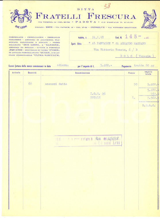 1958 DOLO (VE) Ditta fratelli FRESCURA *Fattura intestata per anemoni