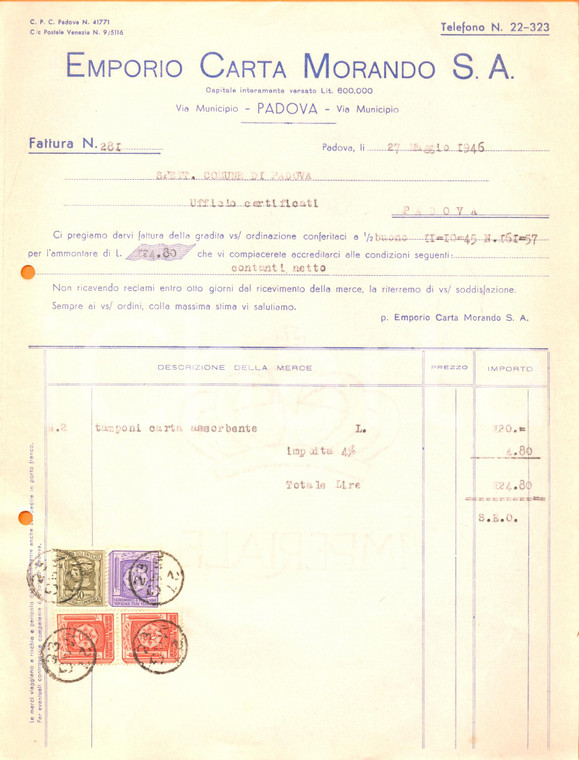 1946 PADOVA Emporio carta MORANDO tamponi per carta assorbente *Fattura
