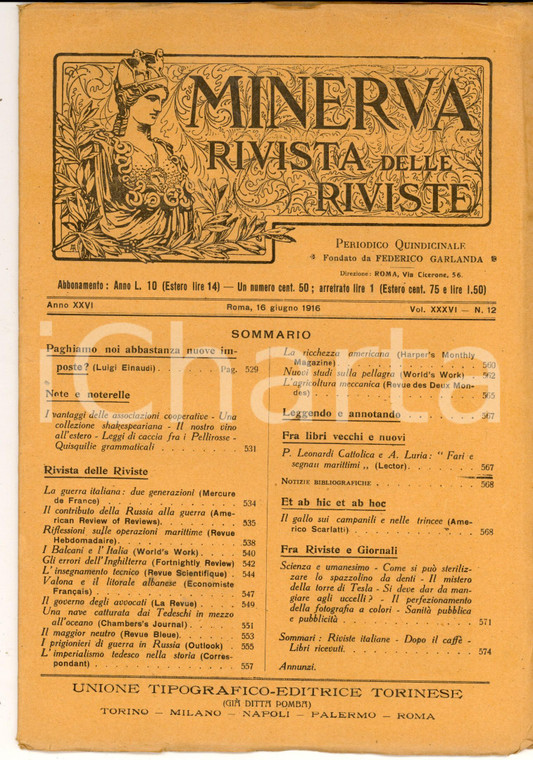 1916 MINERVA Rivista delle Riviste - I Balcani e l'Italia *Anno XXVI n° 12