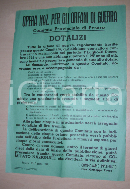 1948 PESARO Sussidio dotale orfane di guerra Manifesto