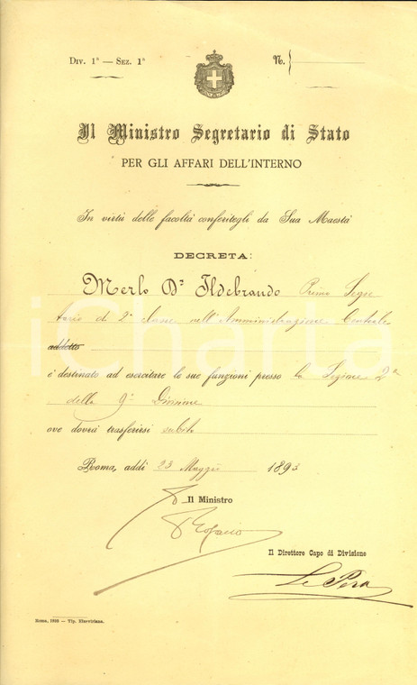 1890 ROMA Ildebrando MERLO Primo Segretario Ministero Interno *Decreto
