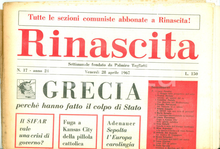 1967 RINASCITA Perché la GRECIA ha fatto il colpo di Stato *Giornale
