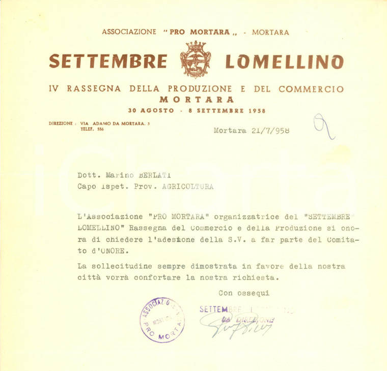 1958 MORTARA (PV) Settembre Lomellino IV rassegna produzione e commercio Lettera