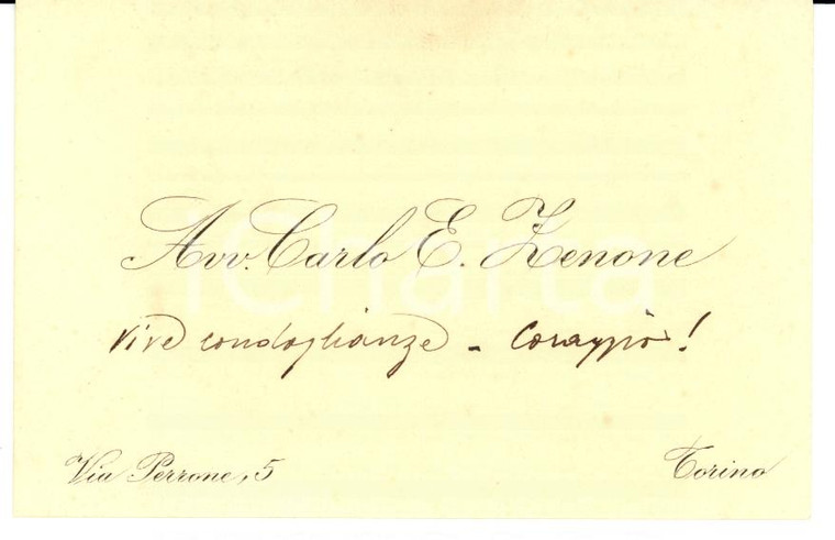 1890 ca TORINO Biglietto da visita avv. Carlo ZENONE Autografo