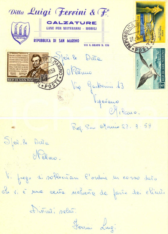 1959 REPUBBLICA SAN MARINO Ditta Luigi FERRINI Lane per materassi *Cartolina