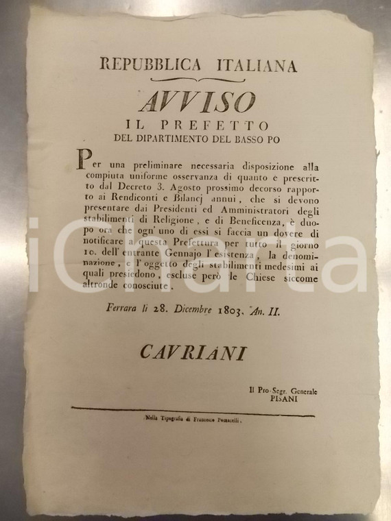 1803 REPUBBLICA ITALIANA FERRARA Denuncia presidenti enti Beneficenza *Manifesto