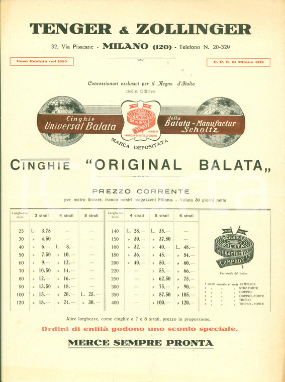 1930 ca MILANO Cinghie Original Balata TENGER & ZOLLINGER Listino prezzi