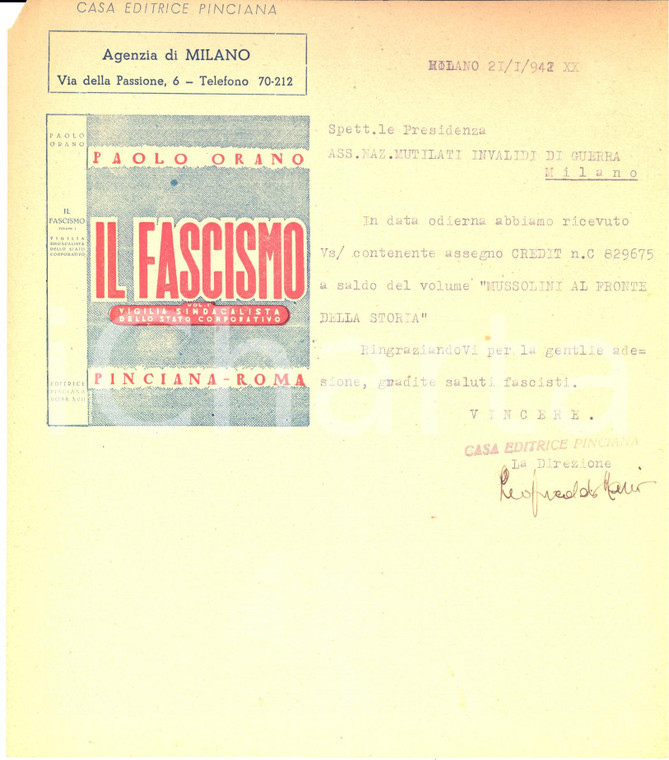 1942 MILANO Casa Editrice PINCIANA ringrazia per acquisto volume MUSSOLINI