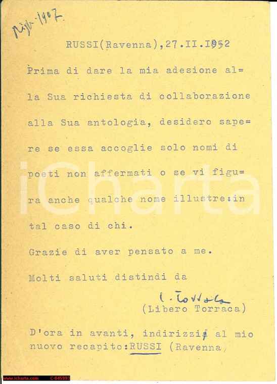 1952 RUSSI (RA) Libero TORRACA collabora a un'antologia