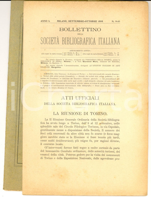 1898 Bollettino SOCIETA' BIBLIOGRAFICA ITALIANA Riunione di Torino n° 9-10