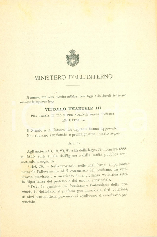 1902 ROMA REGIO DECRETO Controlli veterinari del bestiame *Documento