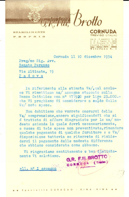1954 CORNUDA (TV) Distillerie F.LLI BROTTO *Lettera commerciale carta intestata