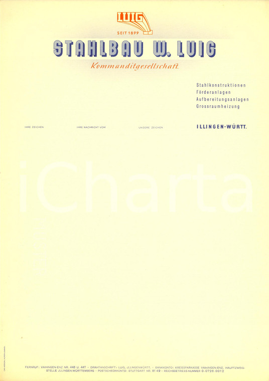 1950 ca ILLINGEN (D) Stahlblau W. LUIG Kommanditgesellschaft *Carta intestata