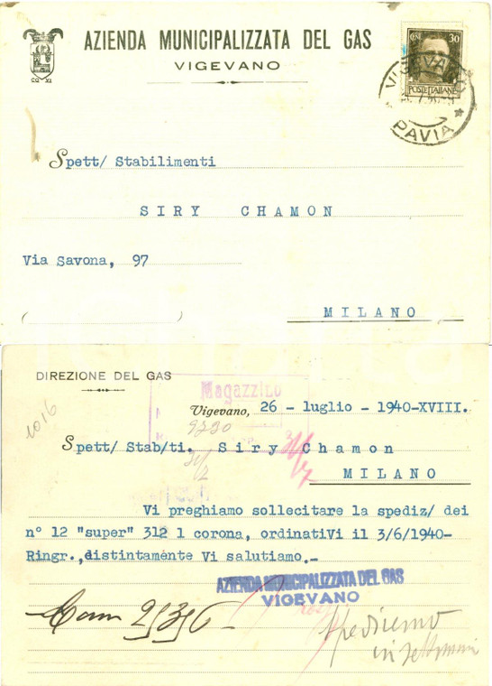 1940 VIGEVANO Azienda gas sollecita ordine SIRY CHAMON *Cartolina FG VG