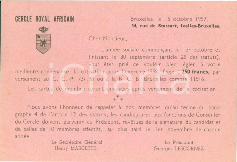 1957 BRUXELLES Tesseramento Cercle Royal Africain *Biglietto