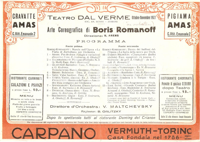 1927 MILANO Teatro dal Verme Arte coreografica di Boris ROMANOV *Volantino