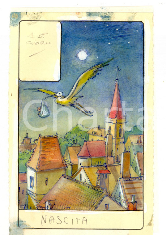 1946 TAROCCHI Carta divinatoria originale olio su carta ENRICO SACCHI *4 cuori