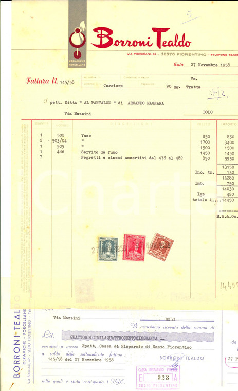 1958 SESTO FIORENTINO Tealdo BORRONI *Fattura intestata e cambiale