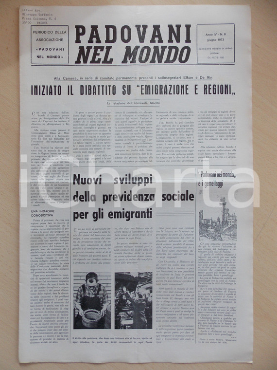 1973 PADOVANI NEL MONDO Previdenza sociale per gli emigrati *Periodico n.6