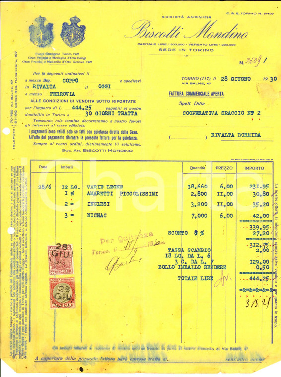 1930 TORINO via Salme - Biscotti MONDINO *Fattura intestata per amaretti