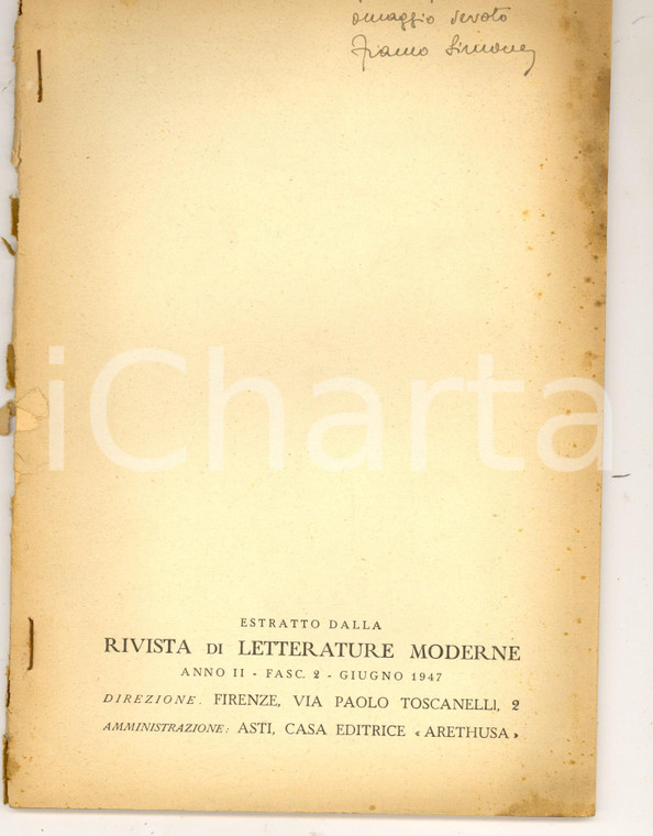 1947 Franco SIMONE Recensioni - A. COVILLE Studi sul Quattrocento *Autografo