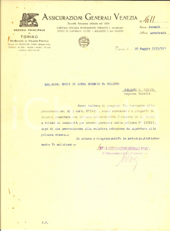 1933 TORINO ASSICURAZIONI GENERALI VENEZIA Lettera per storno polizza