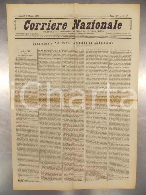 1888 CORRIERE NAZIONALE Padre Agostino da MONTEFELTRO predica su carità di Gesù