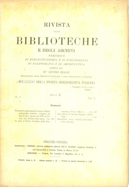 1899 RIVISTA BIBLIOTECHE ARCHIVI Carte di Pietro GIORDANI nella LAURENZIANA