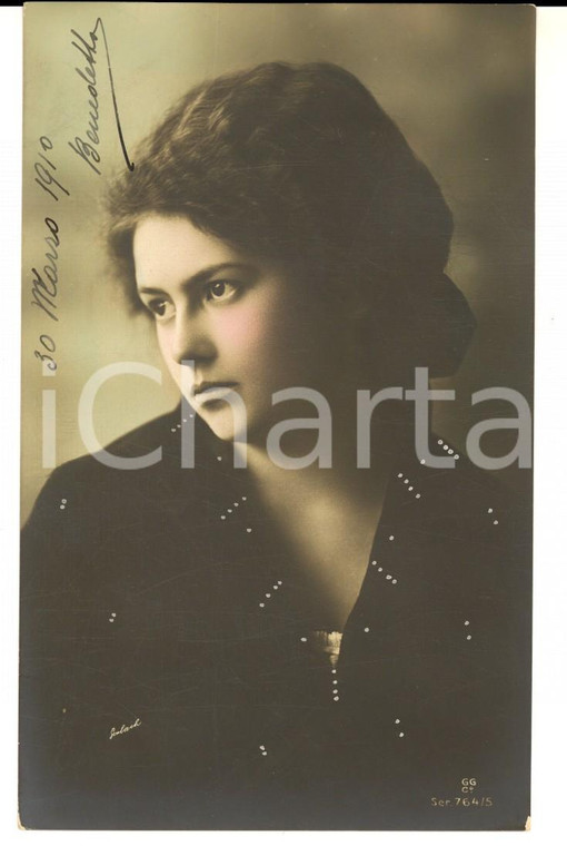 1910 COSTUME Giovane donna con abito nero *Cartolina VINTAGE ing. BONELLI