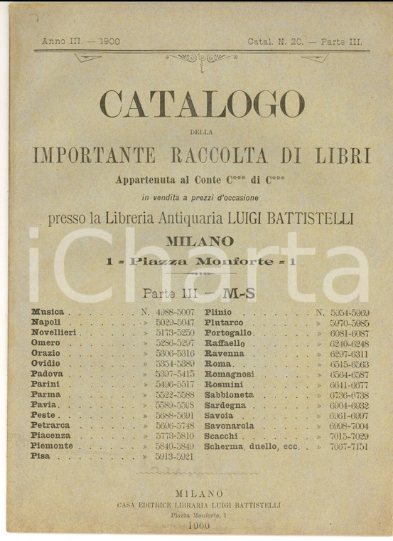 1900 MILANO Catalogo Luigi BATTISTELLI - Libri Conte C*** di C*** parte 3^