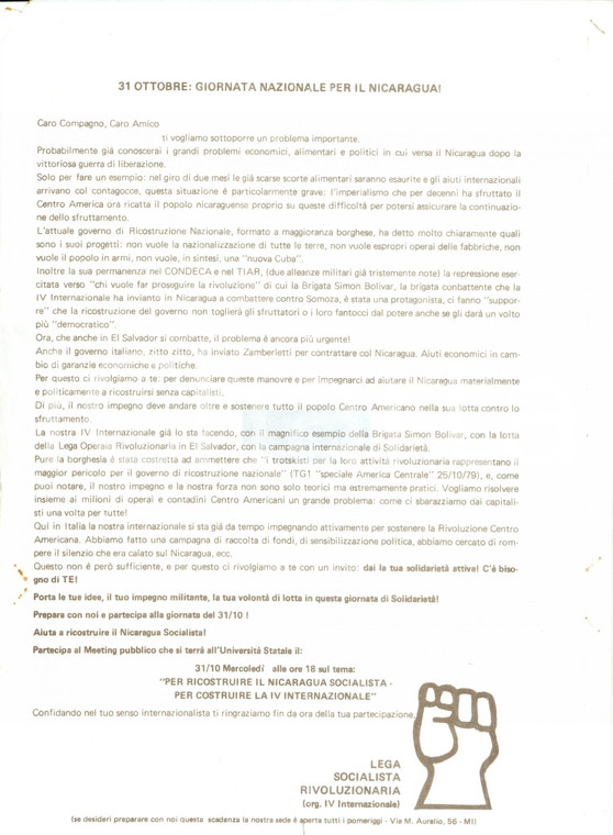 1979 MILANO Lega Socialista Rivoluzionaria per il NICARAGUA *Documento