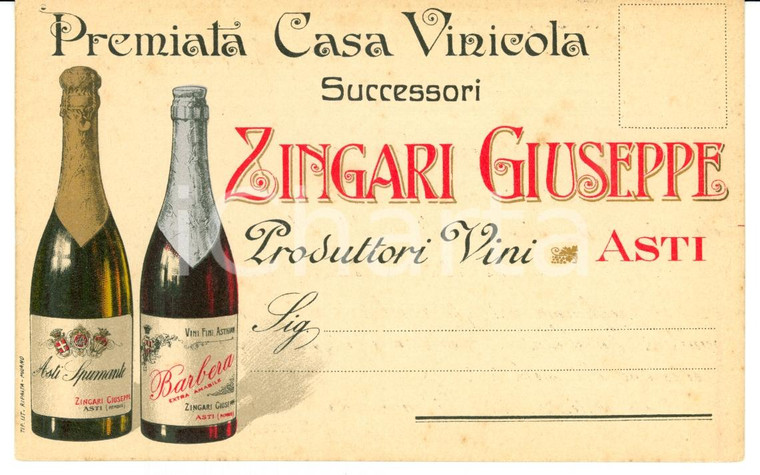 1910 ca ASTI Premiata Casa Vinicola successori Giuseppe ZINGARI