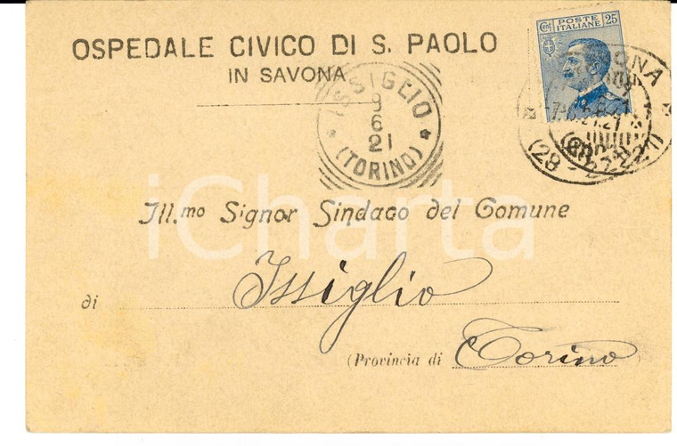 1921 SAVONA Ospedale Civico SAN PAOLO Ricovero Angelo OBERTO *Cartolina FP VG