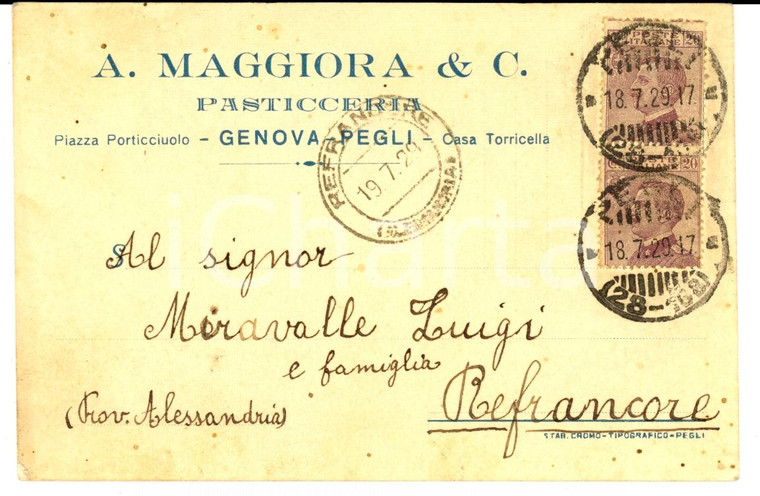 1929 GENOVA PEGLI A. MAGGIORA & C. Pasticceria *Cartolina intestata FP VG