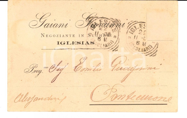 1908 IGLESIAS (CA) Giovanni GAIANI negoziante in sugheri *Cartolina FP VG