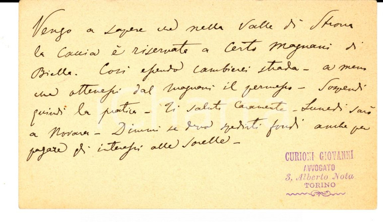 1880 ca TORINO On. Giovanni CURIONI su caccia a ORTA NOVARESE *Autografo