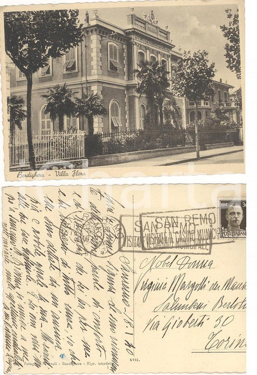 1940 BORDIGHERA (IM) Villa Flora - Cartolina Rosanna RAYNERI *AUTOGRAFO FG VG