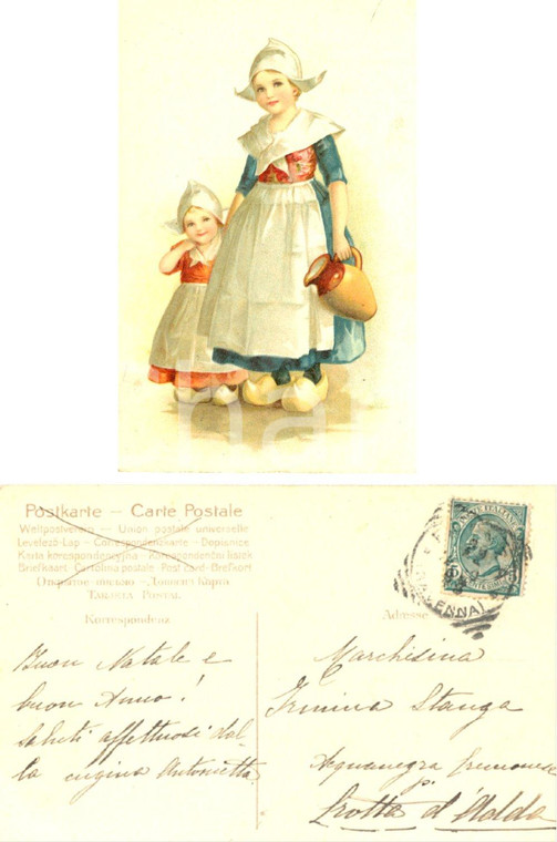 1908 COSTUMI OLANDA Bambine con vaso Cartolina Antonietta TURATI a Irmina STANGA