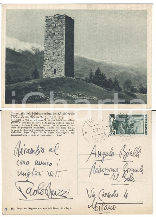 1953 TEGLIO (SO) Torre Belli Miri *Cartolina Paolo BUZZI ad Angelo BIELLI