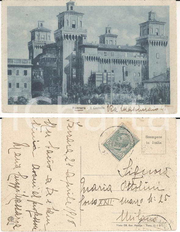 1918  FERRARA Il Castello *Cartolina Maria MASSAZZA CUZZI FP VG