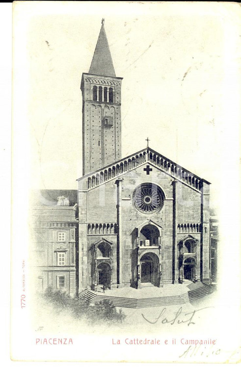 1903 PIACENZA Cattedrale e campanile *Cartolina ad Aristide BIGLIONE DI VIARIGI