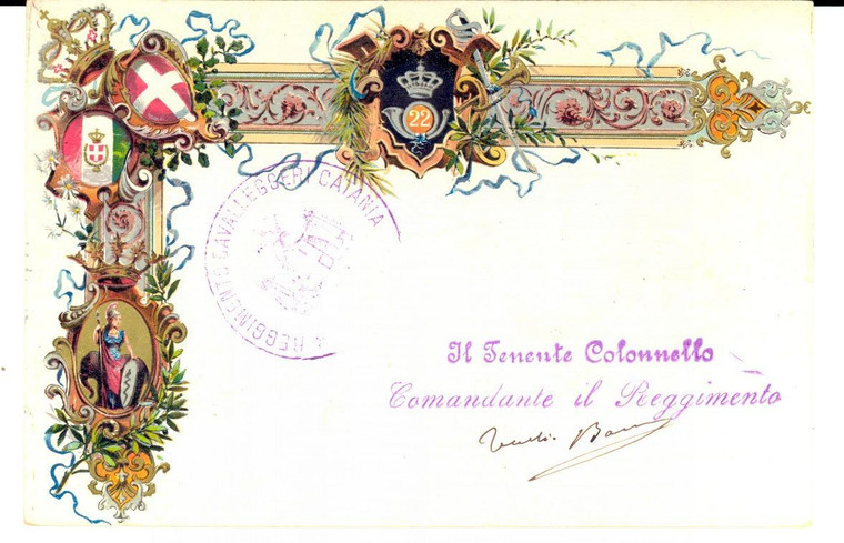 1905 ca 22° Reggimento Cavalleggeri CATANIA *Autografo comandante Tullio BORON