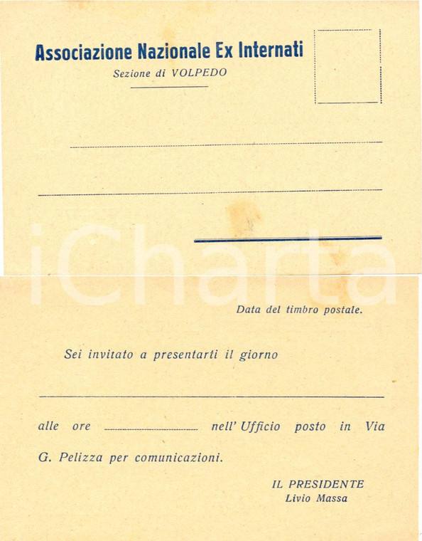 1950 ca VOLPEDO (AL) Biglietto convocazione ASSOCIAZIONE NAZIONALE EX INTERNATI