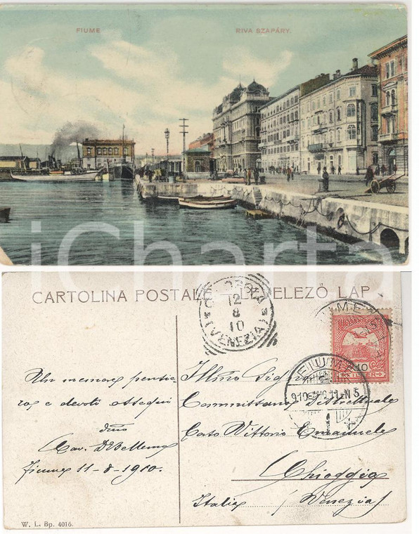 1910 FIUME (ISTRIA) Riva SZAPARY *Cartolina don Eugenio BELLEMO Autografo