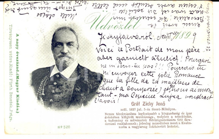 1899 ZICHYFALVA (Ungheria) Grof ZICHY JENO Cartolina autografa della figlia RARA