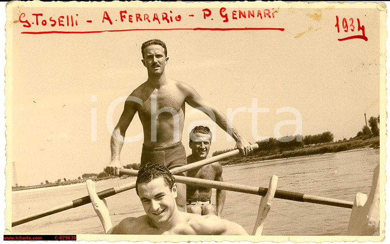 1934 CANOTTAGGIO Paolo GENNARI con TOSELLI e FERRARIO *Fotocartolina