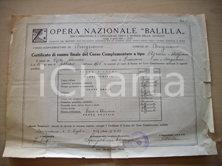 1932 ONB BISIGNANO (CS) Diploma agrario Amedeo ROSE